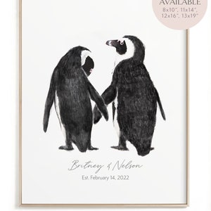 Personalized Penguin Couple Art Print – Anniversary Gift for Wife, Husband