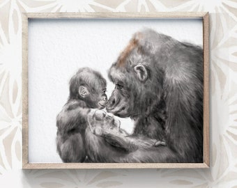 Gorilla Mom and Baby Art Print, Sweet loving Mother and Baby, Motherhood Gift, Gender Neutral Nursery Cute Safari Animal Art