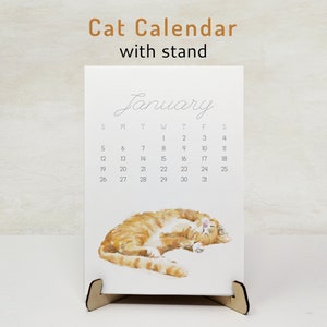 Calendario da tavolo 2026 con supporto a forma di gatto - Mini agenda mensile da ufficio, moderna arte acquerellata con gatti, regalo di Natale per amanti dei gatti rossi e mamme, 13x18 cm
