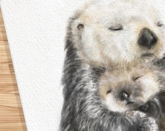 Malowidło ścienne do pokoju dziecięcego „Mała wydra” – nadruk z motywem zwierząt morskich i przybrzeżnych, sypialnia neutralna pod względem płci, akwarela przedstawiająca plażę morską dla mamy chłopca