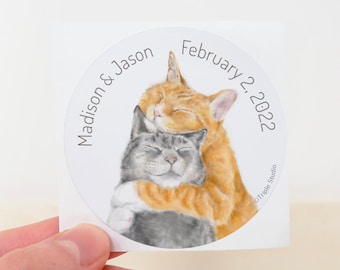 Personalized Wedding Favor Stickers For Cat Lovers, Custom Labels With Names And Date, Bridal Shower Party Thank You Gift For Guests In Bulk