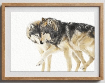 Wolves Couples Art Print - Sweet Loving Anniversary gift, watercolor poster, wolf wall decor, gift for wife, wedding, friendship