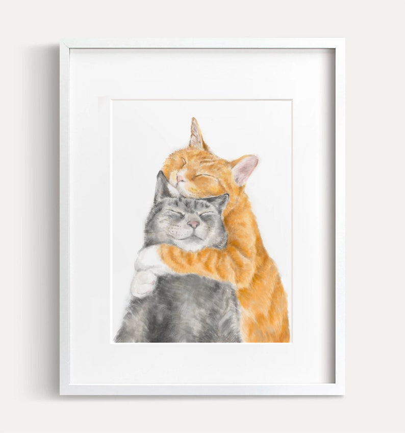 Cat Snuggles in Love Art Print anniversary, poster, sweet cute adorable wall decor nursery, gift for wife, her wedding, friendship image 3