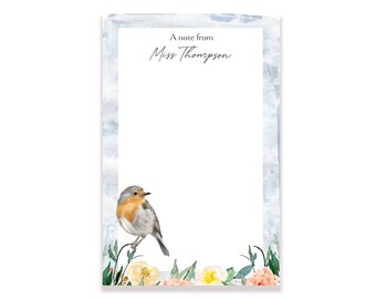 Personalized Notepad - Robin Bird in Spring Garden - 50 Tear-Off Pages | Appreciation Gift for Teacher Classroom or for Mother's Day