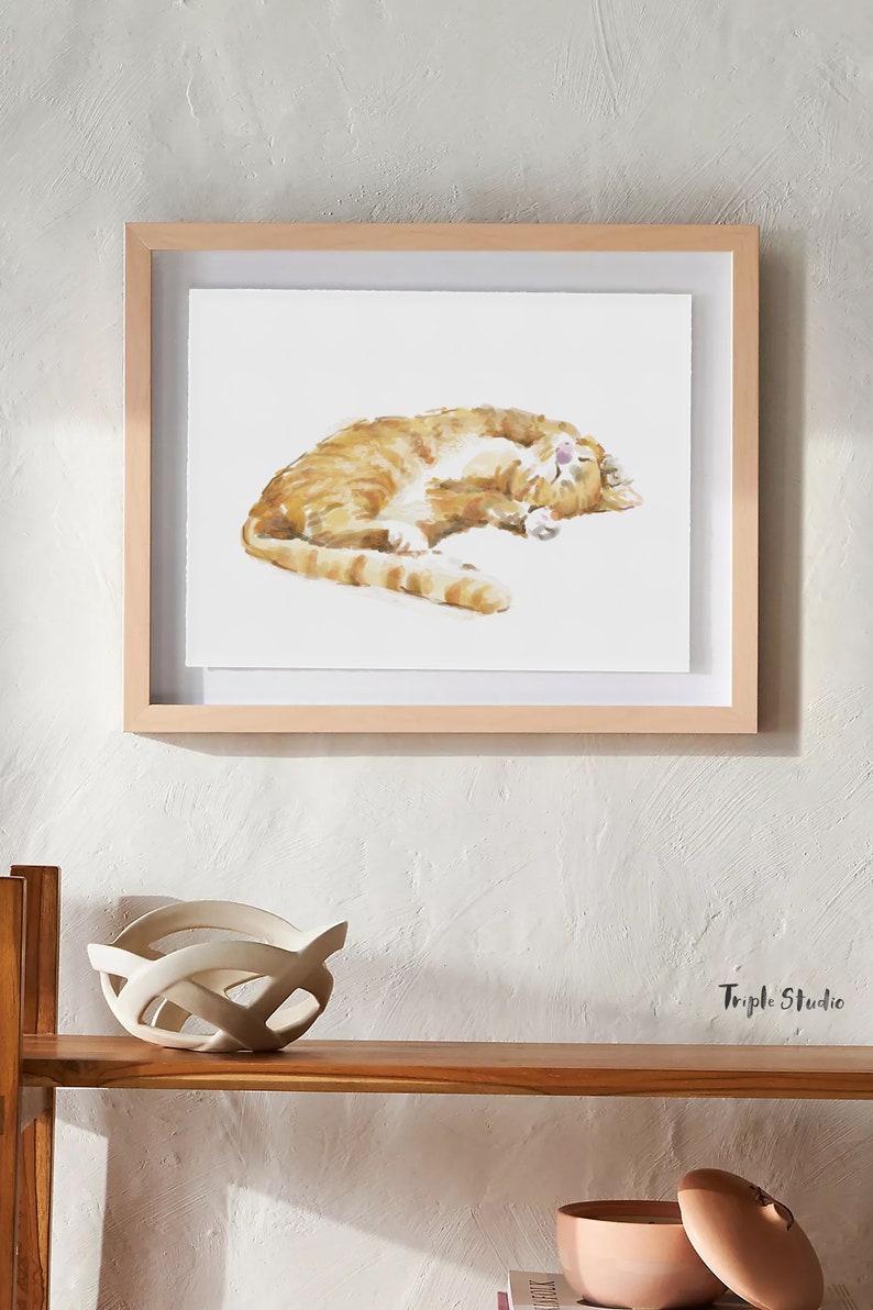 Cat Print Orange Tabby Ginger Cat Painting, Home Wall Decor, Watercolor Art, Crazy Cat Lady, Cat Lover Gift, Minimal image 3