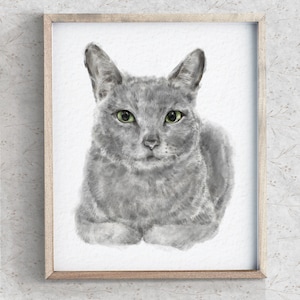 Grå katt modern akvarellmålning, väggkonsttryck för hemmet, galen kattdame, unik gåva för kattälskare, minimal, ryskblå, signerad av konstnären