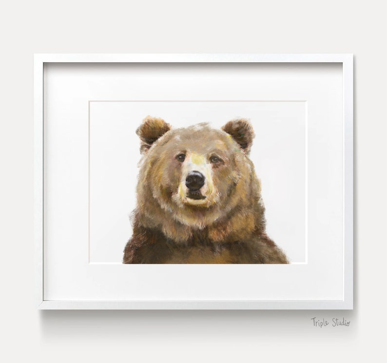 Grizzly Bear Watercolor Painting Forest Cabin Jungle Mountain Woodland Nursery Decor Minimalist Cute Animal Art Print Signed by Artist image 3