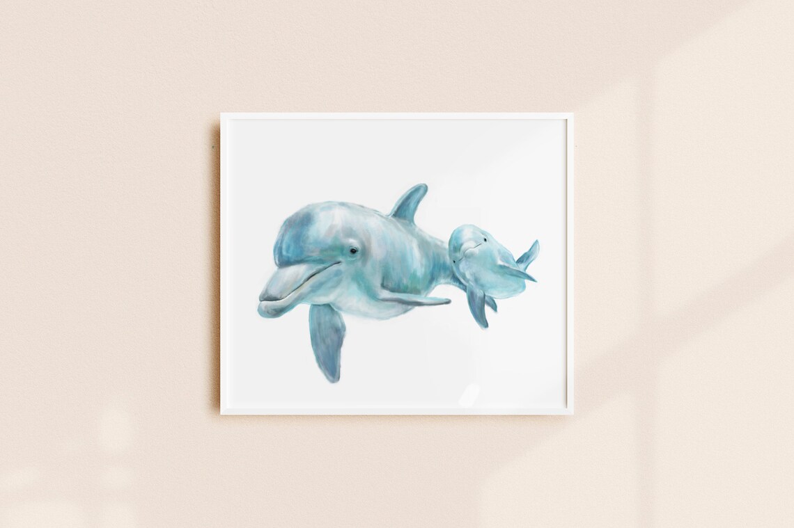 Dolphin Mom and Baby Art Print Ocean Nursery Wall Art Etsy