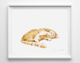Cat Print - Orange Tabby  Ginger Cat Painting, Home Wall Decor, Watercolor Art, Crazy Cat Lady, Cat Lover Gift, Minimal