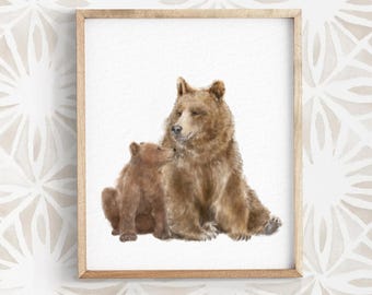 Mama and Baby Bear Watercolor Art Print, Grizzly Rustic Cabin Nursery Wall Painting, Kids Room Decor, Woodland Forest Animal