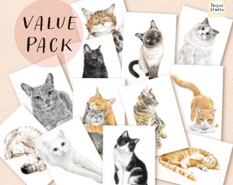 Cute Cat Stationery Set – Blank Notecard Pack w/ Stickers, Orange Tabby n Grey Cat Art Kit, Mix n Match Card Bundle for Cat Lovers n Moms