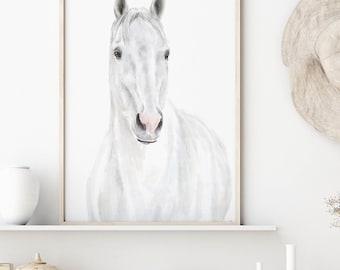 White Horse Wall Art Print - Equestrian Painting - Silver Barn Animal - Watercolor Pony Room Decor - Farm Farmhouse - Signed by Artist