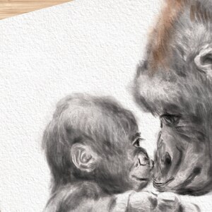 May include: A black and white drawing of a gorilla and a baby gorilla looking at each other. The gorilla has a brown patch on its head.