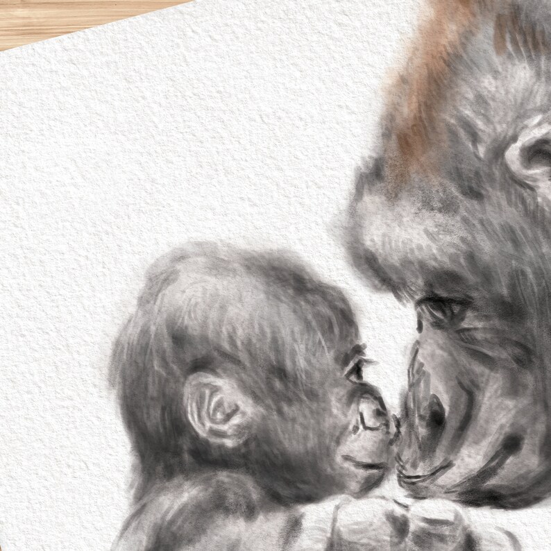 May include: A black and white drawing of a gorilla and a baby gorilla looking at each other. The gorilla has a brown patch on its head.