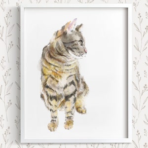 Gray Tabby Cat Watercolor Painting || Minimalistic Modern Cat Wall Art Print, Gift For Cat Lover, Crazy Cat Lady