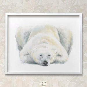 Polar Bear Sweet Dreams Minimalist Art Print - Gender Neutral Baby Nursery Room Wall Decor  - Original Watercolor Painting, Signed by Artist