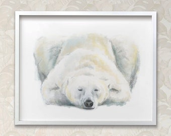 Polar Bear Sweet Dreams Minimalist Art Print - Gender Neutral Baby Nursery Room Wall Decor  - Original Watercolor Painting, Signed by Artist