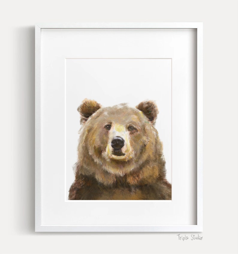 Grizzly Bear Watercolor Painting Forest Cabin Jungle Mountain Woodland Nursery Decor Minimalist Cute Animal Art Print Signed by Artist image 2