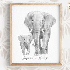 Impression d'art bébé éléphant et maman, personnalisée avec des noms, meilleur cadeau de maternité, décoration murale minimaliste pour chambre d'enfant safari neutre garçon