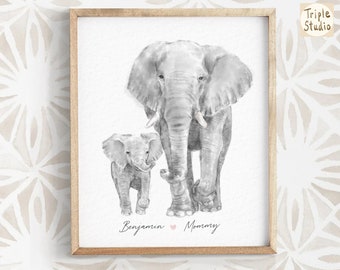 Baby Elephant and Mom Art Print, Personalized with Names, Motherhood Best Gift, Boy Neutral Safari Nursery Minimalist Wall Decor