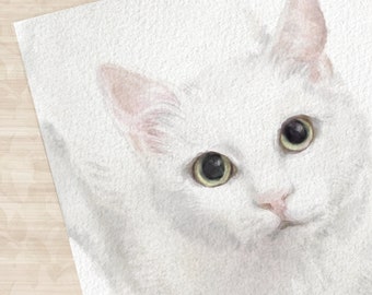 White Cat Watercolor Painting, Modern Wall Art for Home Decor, Elegant Zen Kitten Gift, Minimalist, Unframed, Signed by Artist