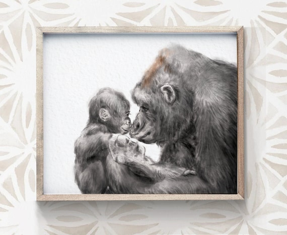 Watercolor Gorilla Mom and Baby Art Print, Gender Neutral Nursery
