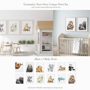 May include: A collection of framed watercolor prints featuring animal mothers and their babies. The prints include a koala, polar bear, and fox, with the text "Customize Your Own Unique Print Set" at the top. The prints are displayed in a nursery setting.