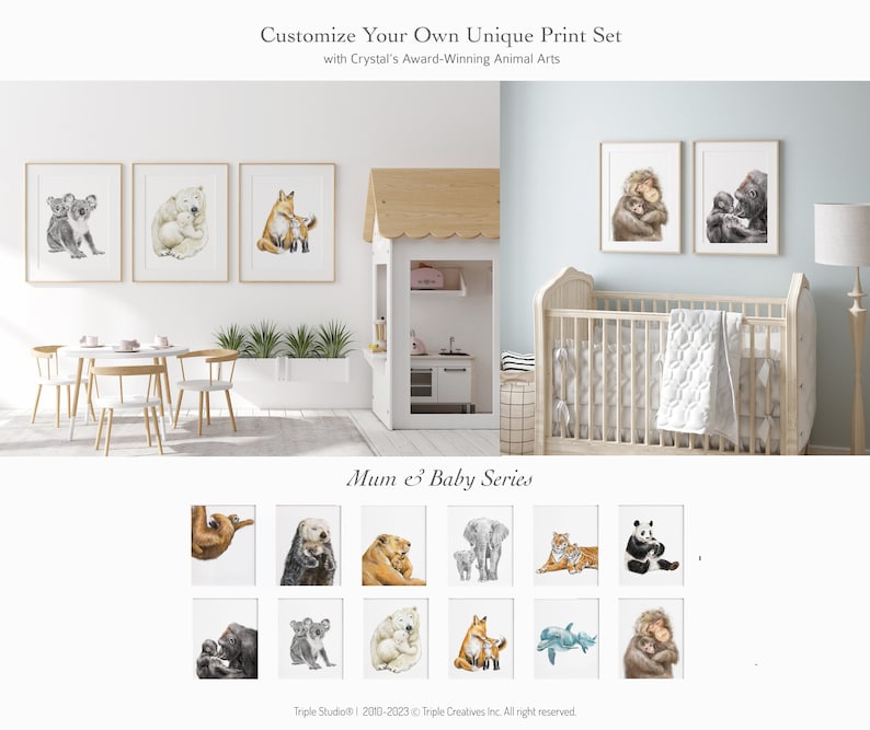May include: A collection of framed watercolor prints featuring animal mothers and their babies. The prints include a koala, polar bear, and fox, with the text "Customize Your Own Unique Print Set" at the top. The prints are displayed in a nursery setting.