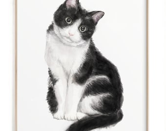 Tuxedo Cat Wall Art – Black n White Bicolor Cat Watercolor Print, Minimalist Pet Lover Gift, Modern Home Decor for Cat Mom or Dad