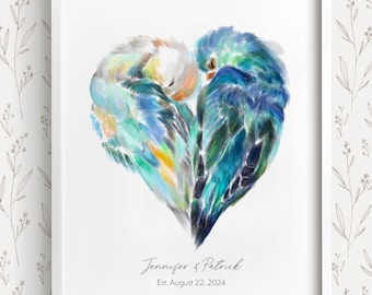 Personalized Unique Wedding Gift - Lovebird Painting for Couples - Sweet Loving Wall Anniversary Art Print for Wife, Engagement