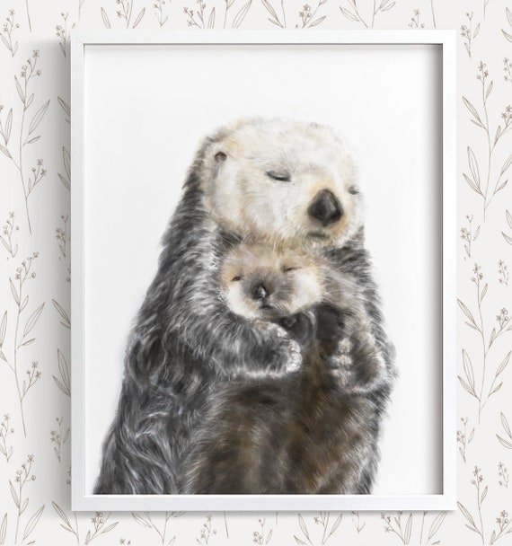 Baby Otter Nursery Wall Art – Son n Mom Coastal Ocean Animal Print, Gender Neutral Bedroom, Sea Life Beach Watercolor Painting for Boy Mum
