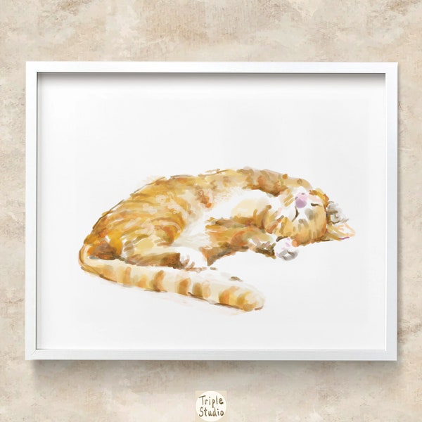 Orange Tabby Cat Wall Art – Ginger Cat Watercolor Print, Modern Minimalist Home Decor, Crazy Cat Lady Gift, Cat Lover Painting for New Room