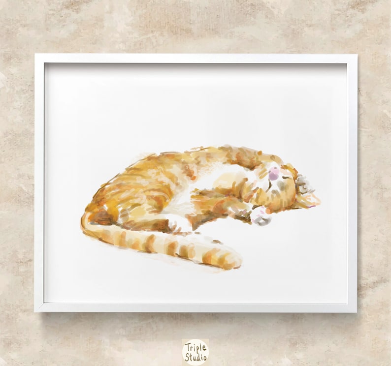 Cat Print Orange Tabby Ginger Cat Painting, Home Wall Decor, Watercolor Art, Crazy Cat Lady, Cat Lover Gift, Minimal image 1