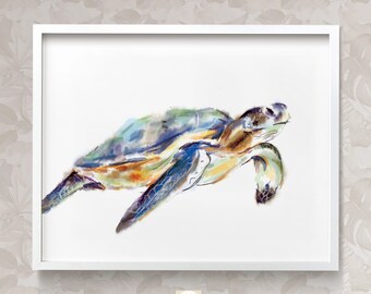 Vibrant Sea Turtle Watercolor Painting for Modern Coastal Decor, Colorful Ocean Marine Life Wall Art, Beach Home Decor, Signed by Artist