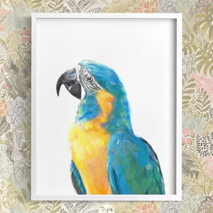 Blue Throated Macaw Bird Painting, Watercolor Parrot Bird Decor, Tropical Colorful Wall Art, Parrot Lover Gift, Bird Gift, Signed by Artist