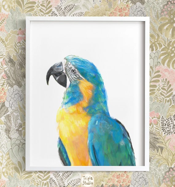 青いノドのコンゴウインコの鳥の絵画、水彩画のオウムの鳥の装飾