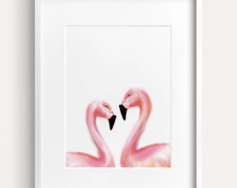 Flamingo in Love Watercolor Painting, Light Pink Wall Art, Sweet Minimalist Home Decor, Wedding or Anniversary Housewarming