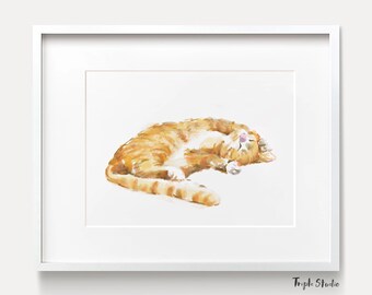 Cat Print - Orange Tabby  Ginger Cat Painting, Home Wall Decor, Watercolor Art, Crazy Cat Lady, Cat Lover Gift, Minimal