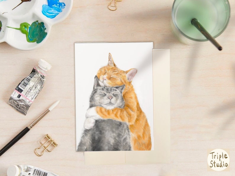 Cat Mom Card Miss you, Thinking of You, Cute Couple, for wedding, hug, snuggle, love, engagement wedding for cat lovers image 2
