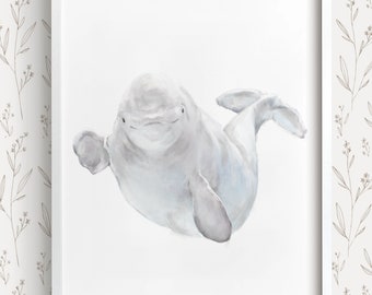 Beluga Wall Art Print | Under the Sea Nursery Theme | Original Watercolor Animal Painting - Gender Neutral Baby Decor - Signed by Artist