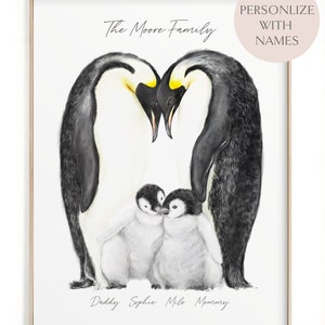 Retrato de família personalizado com nomes personalizados - Pinguins de 4 - Segundo filho, quarto compartilhado, pôster de decoração de parede para berçário, pais, irmãos, gêmeos