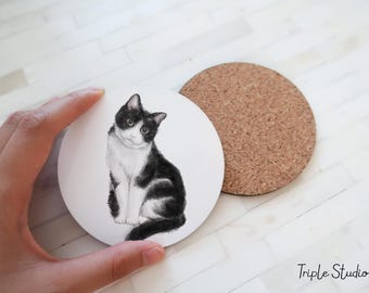 Tuxedo Cat Coaster | Black and White Cat Watercolor Art | Cork Desk Coaster for Office & Home | Cute Cat Lover Gift