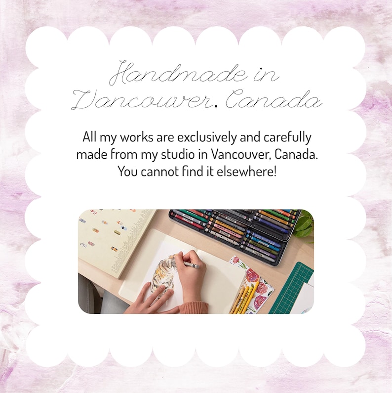 May include: A person's hands drawing with a pen on paper, with a partially visible tiger illustration. A notebook, colored pencils, and a pencil case are on the table. The text "Handmade in Vancouver, Canada" is visible.