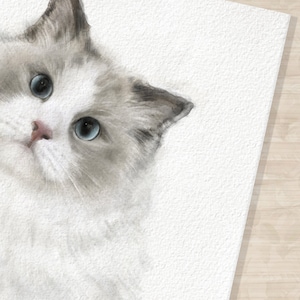 May include: A watercolor painting of a white and gray Ragdoll cat with blue eyes. The cat is looking to the right of the image.