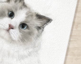 May include: A watercolor painting of a white and gray Ragdoll cat with blue eyes. The cat is looking to the right of the image.