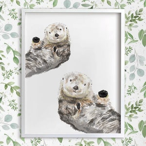 Sea Otter Watercolor Art Print | Modern Marine Life Room Wall Decor for Twins or Gender Neutral Baby, Ocean Bedroom