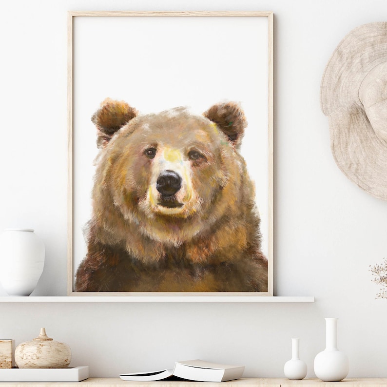 Grizzly Bear Watercolor Painting Forest Cabin Jungle Mountain Woodland Nursery Decor Minimalist Cute Animal Art Print Signed by Artist image 1