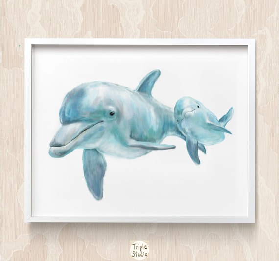 Dolphin Mom and Baby Art Print, Ocean Nursery Wall Art - Gender Neutral Watercolor Painting, Best Mom Gift, Sea life room decor