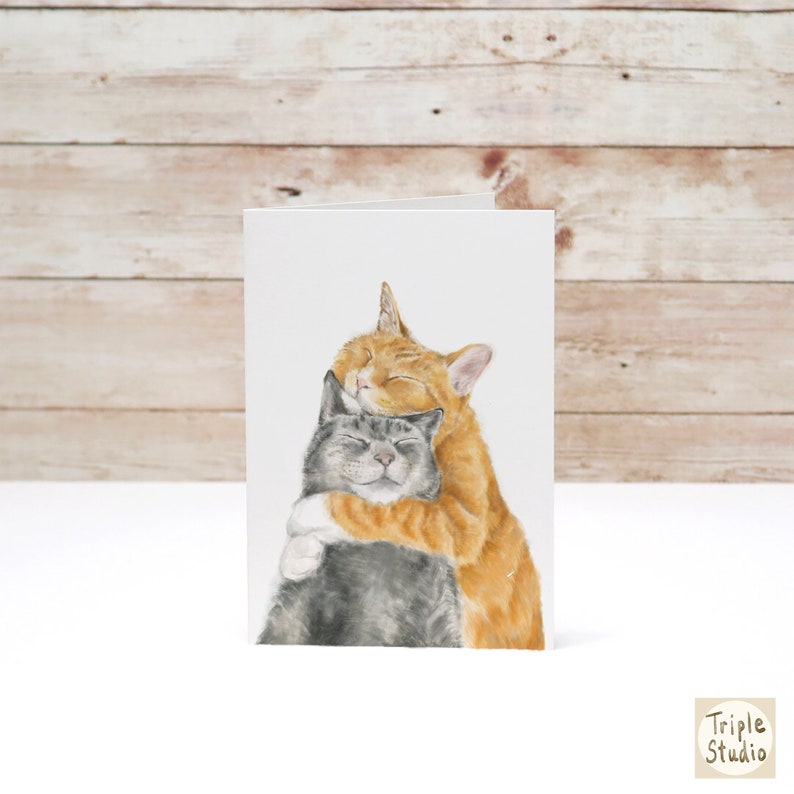 Cat Mom Card Miss you, Thinking of You, Cute Couple, for wedding, hug, snuggle, love, engagement wedding for cat lovers image 1