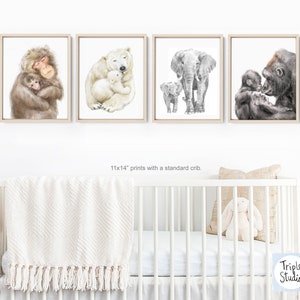 May include: Set of four 11x14 inch prints featuring black and white illustrations of animal mothers and their babies. The animals include a monkey, polar bear, elephant, and gorilla.